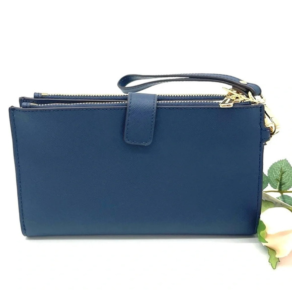 Michael Kors Large Double Zip Wallet Wristlet Navy Blue/Gold - Picture 4 of 7